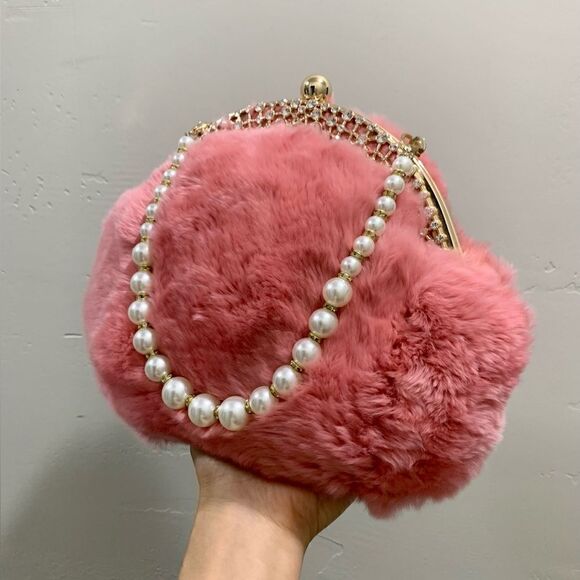 Handmade Real Rex Rabbit Fur Rhinestone Kisslock Wristlet/Crossbody/Evening Bag - Picture 10 of 16